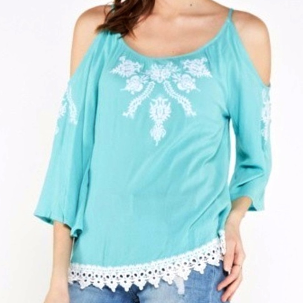 Mint Embroidered 3/4 Sleeve Cold Shoulder Blouse